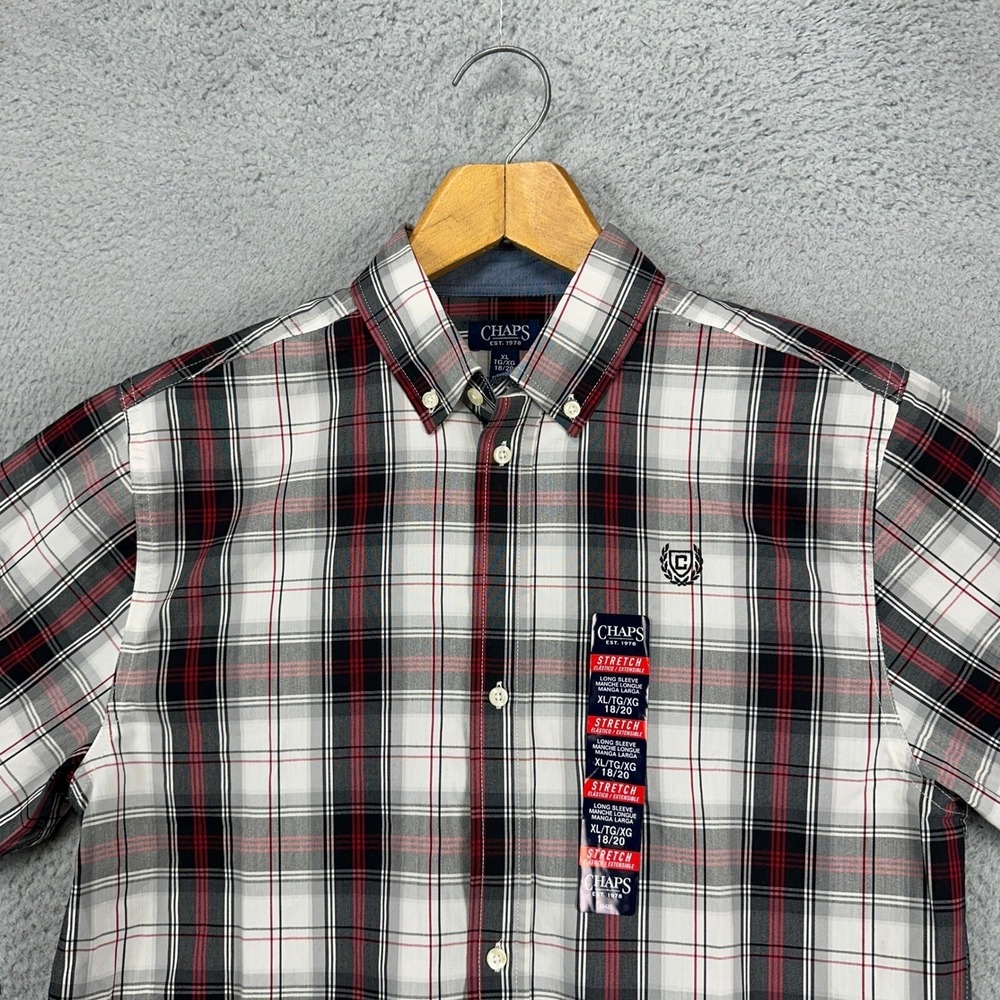 Chaps Button Down Shirt Boy's XL 18-20 Black Red Plaid Stretch Long Sleeve NEW